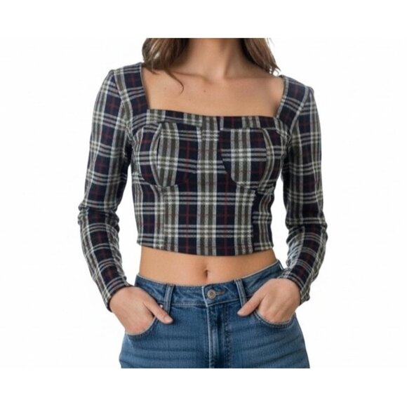 Free People Tops - Free People Modern Love Bustier Crop Top Plaid Size 4 Academia Cottage Coquette